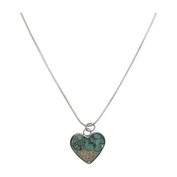 Heart Shaped Pendant Necklace Silver with Turquoise Chip & Beach Sand Inlay - Picture 3 of 14